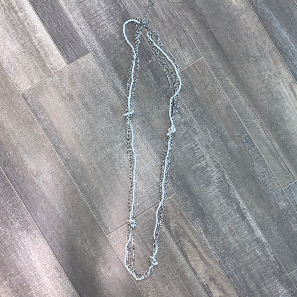 Silver and white pearl long necklace